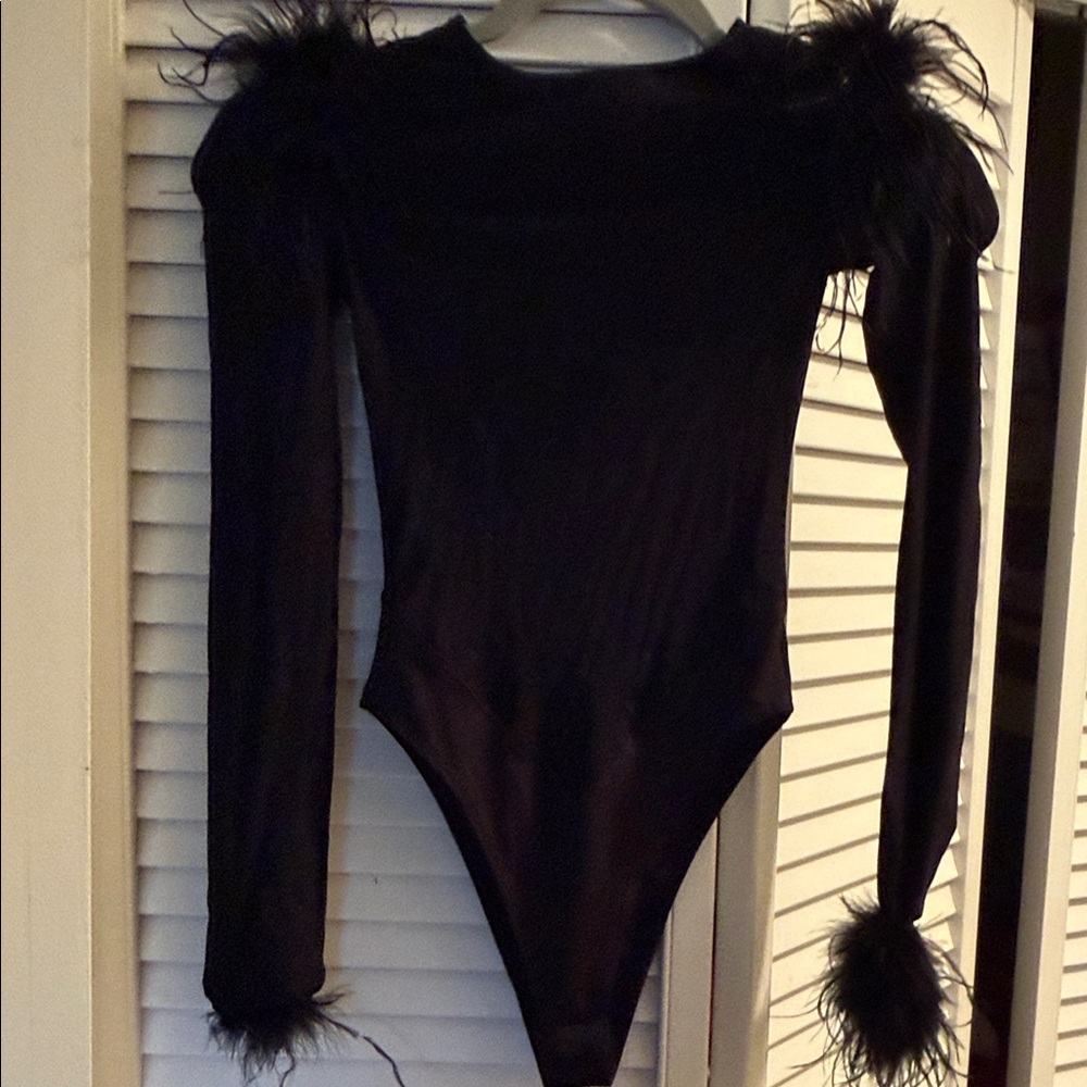 Fashion Nova Black Feathered Bodysuit